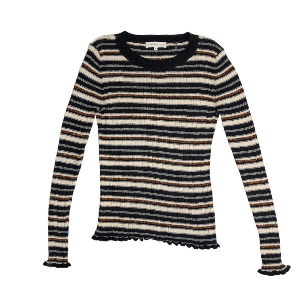 White + Warren Striped Rib Crewneck Sweater Size Medium